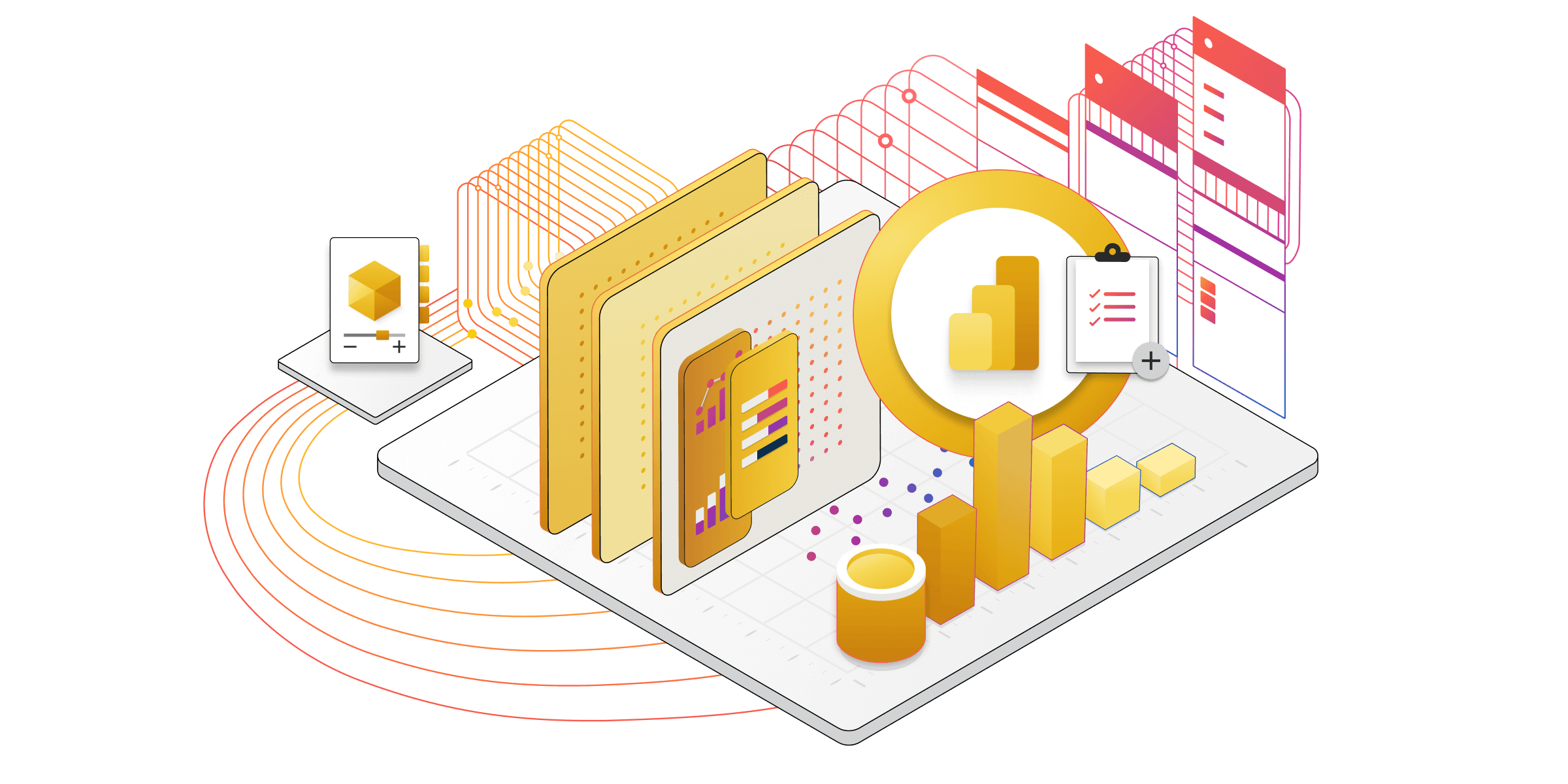 Eine isometrische Illustration technischer Komponenten für Power BI-Dienste.